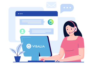 ilustración Mujer teleoperadora con logo Visalia. Tecnologia ino cx